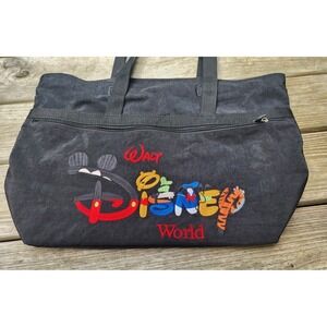 Vintage Walt Disney World‎ Tote Bag Embroidered Spell Out Black Zippered Nylon
